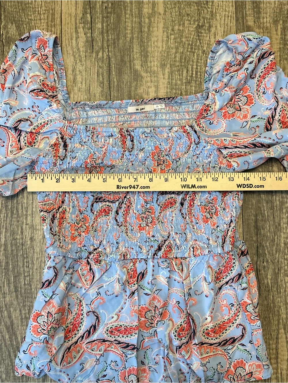 Mi Ami Boho Paisley Smocked Peplum Top Blue Coral Puff Sleeve XL - Picture 4 of 9